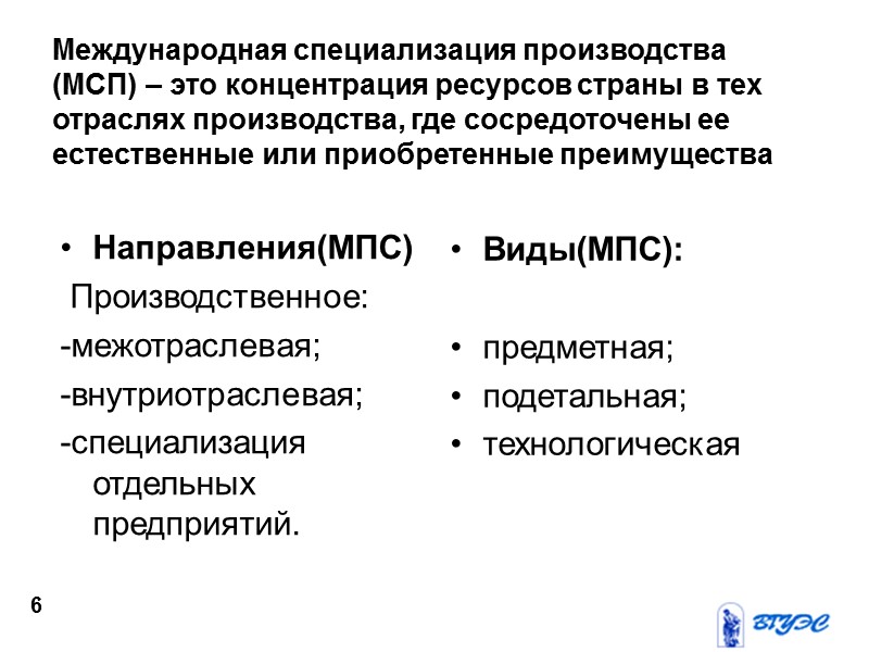 Международная специализация производства (МСП) – это концентрация ресурсов страны в тех отраслях производства, где